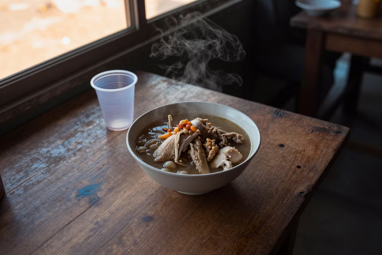 Honey Light Bowl of Khao Piak Sen and Chicken in at a roadside diner table in Dodoma