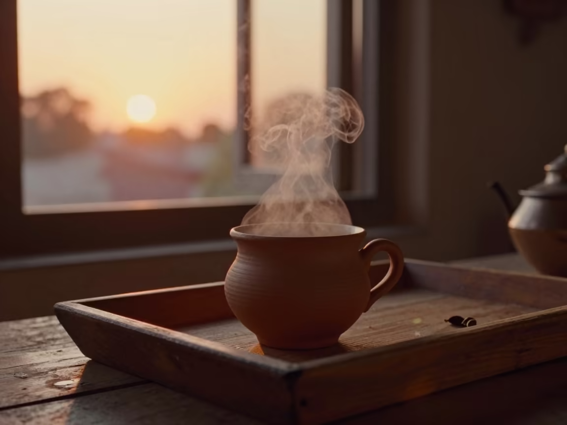 Honey Light Chai Cardamom Steam Sunset Jamnagar in on a tea house tray in Jamnagar