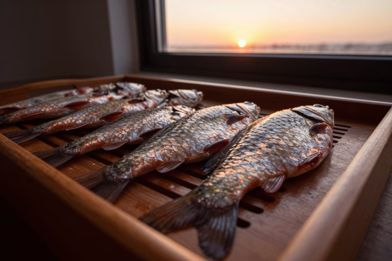 Honey-Light Fish Scales on N'dalatando Tea Tray in on a tea house tray in N'dalatando
