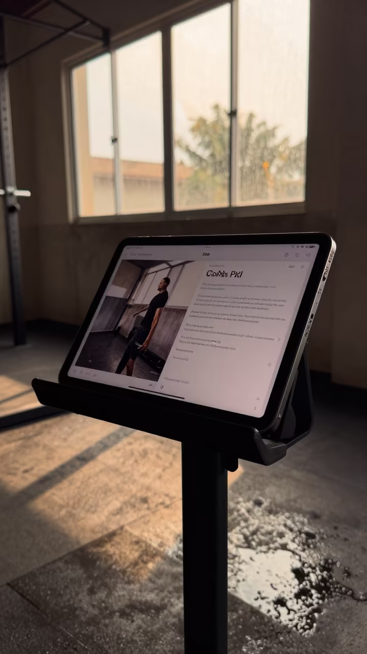 Honey Light on Fitness Sign-Up Tablet Stand in inside a strength room near Lagos