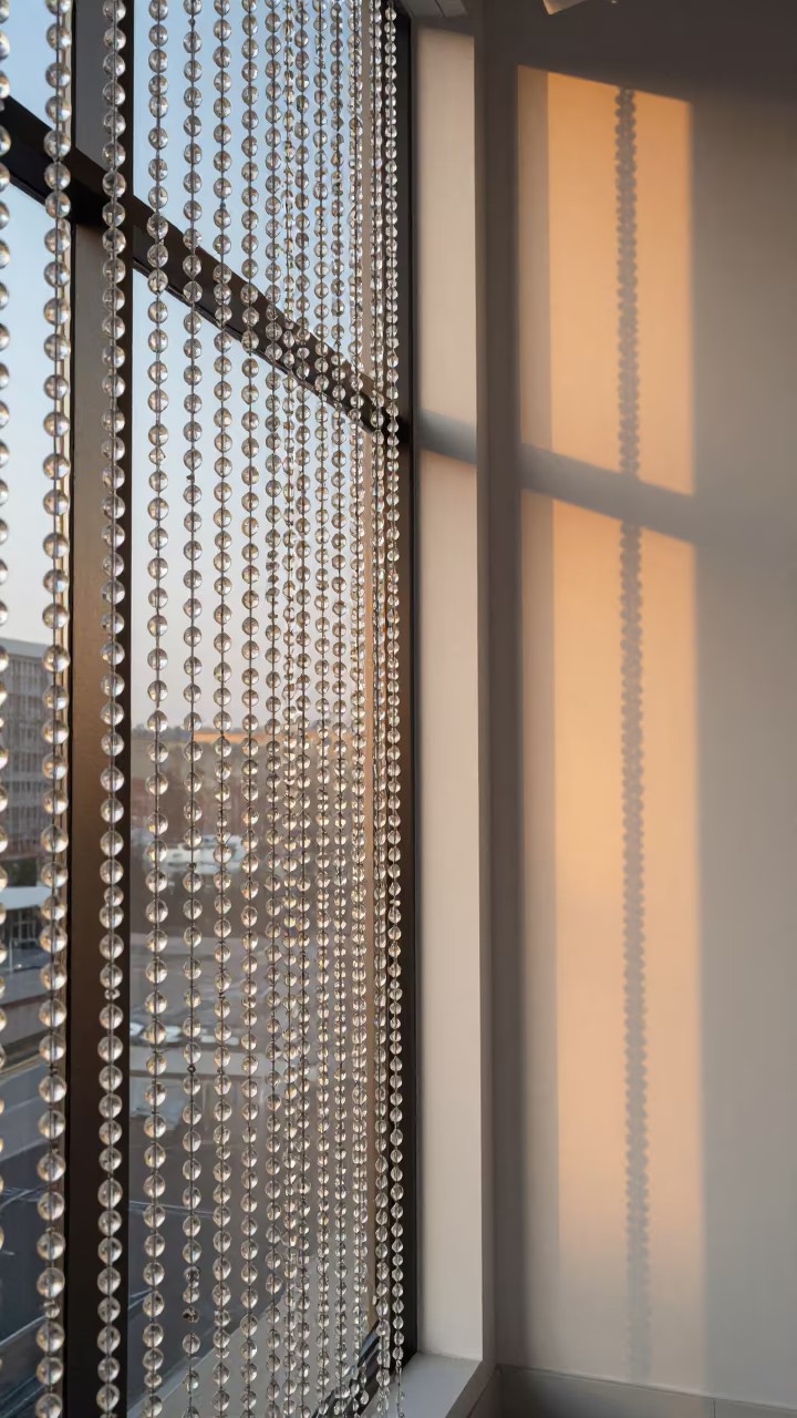 Honey Light Through Glass Bead Curtain at Sunset in inside a skylit passageway near Houston