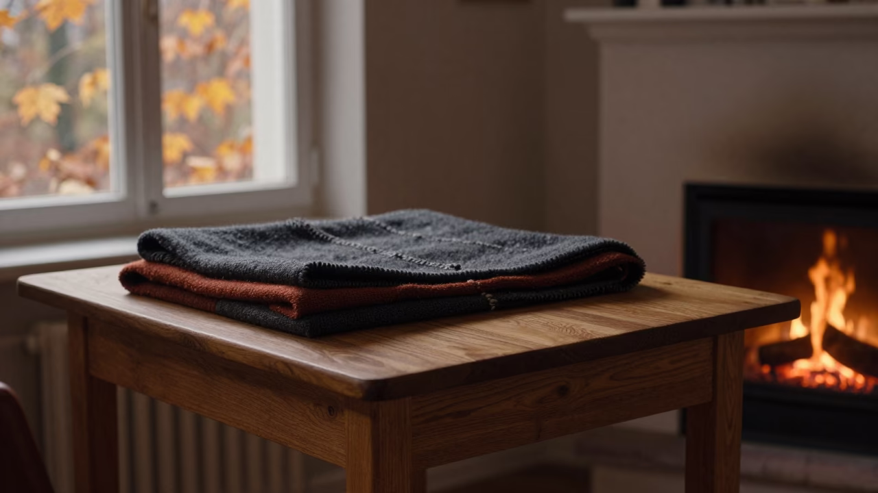 Honey Light on Hall Table with Wool Blankets in by a crackling fireplace near Uppsala