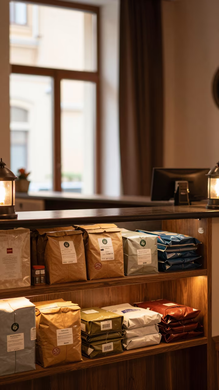 Honey Light on Hotel Claim Shelf Before Guest Arrival in at a reception desk under warm light in Kutaisi