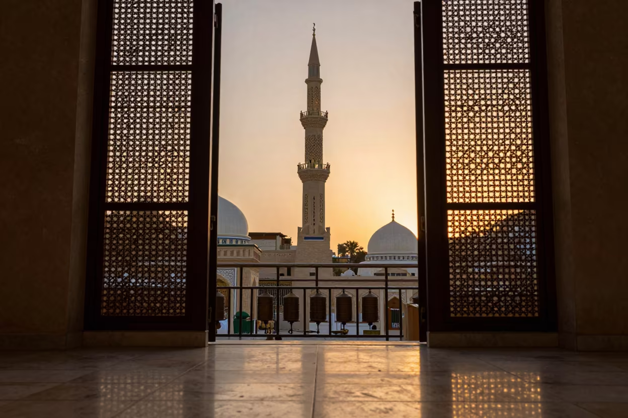 Honey Light on Jeddah Minaret Balcony at Sunset in beside a prayer wheel corridor in Jeddah