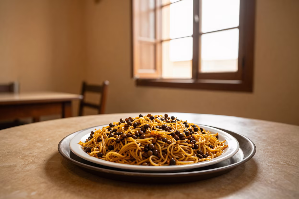 Honey Light Koshari Plate in Tetouan Tea House in on a tea house tray in Tétouan