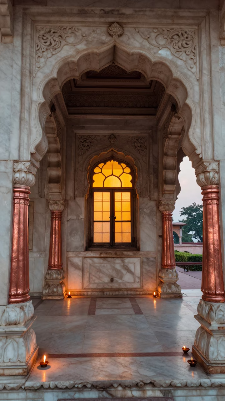 Honey Light on Marble Filigree Delhi Temple in inside a candlelit nave in Delhi