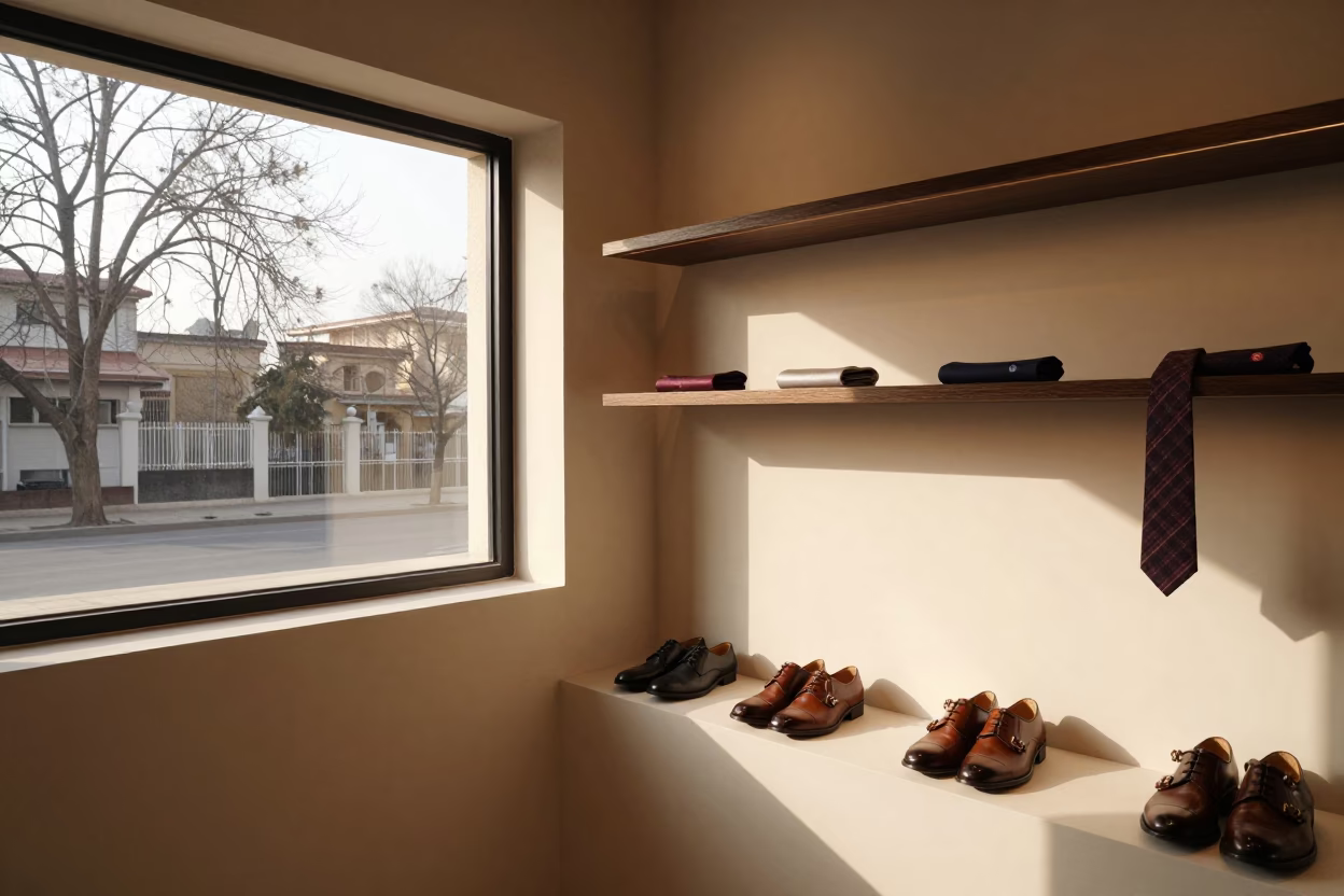 Honey Light on Men's Shoes and Ties in Chandigarh Showroom in inside a minimalist showroom near Chandigarh