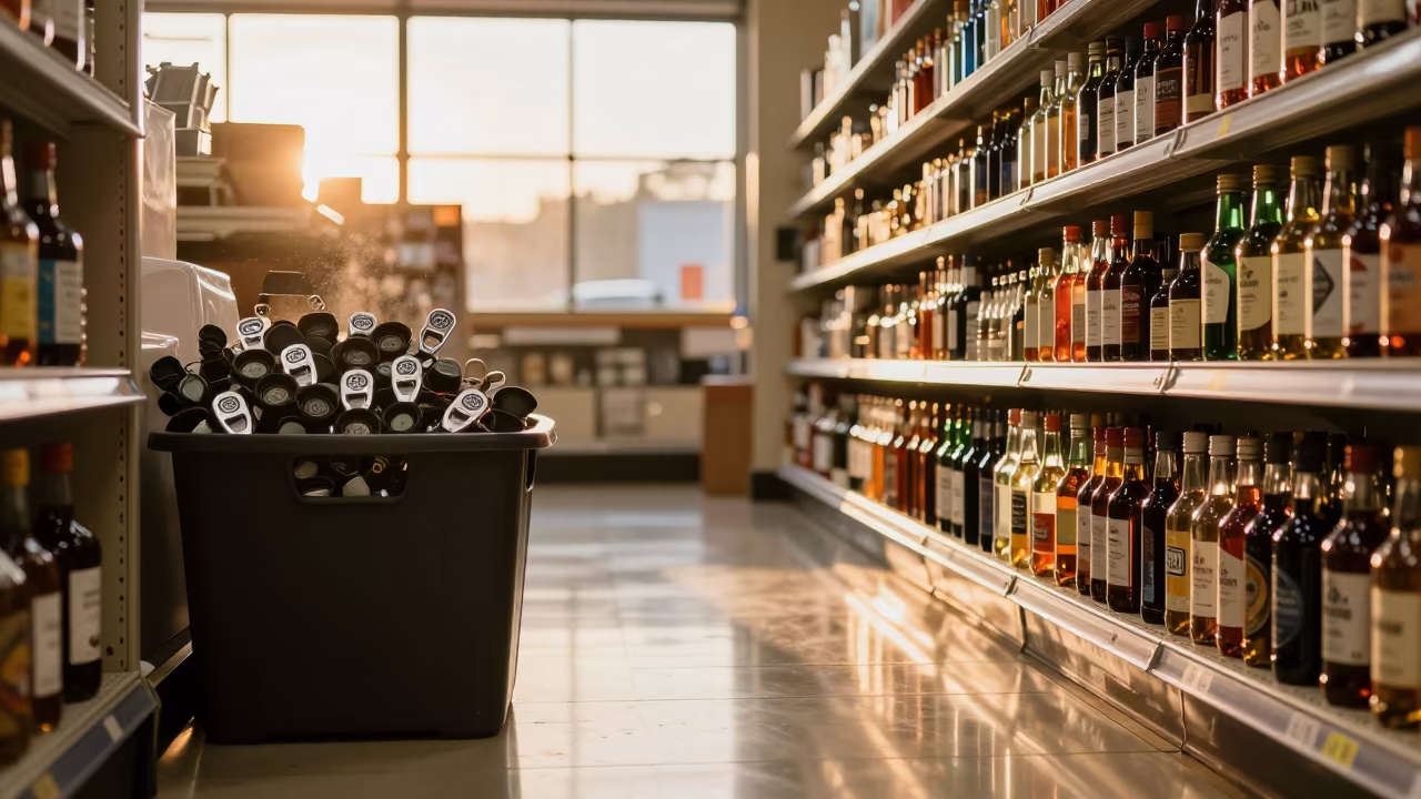 Honey Light Reflects Security Cap Bin in inside a bright retail aisle near Algiers