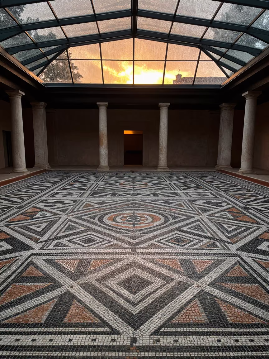 Honey Light on Roman Villa Floor in inside a glass-roofed arcade in Udu
