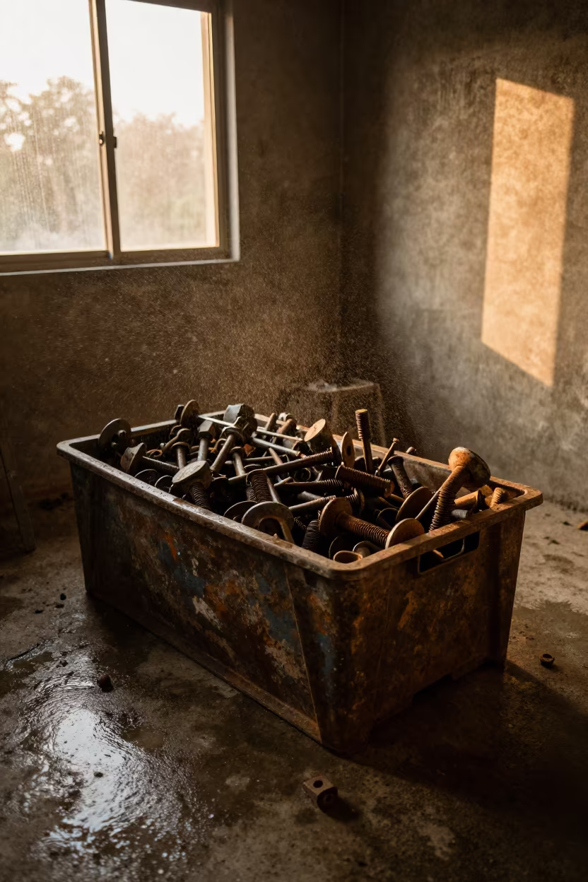Honey Light on Salvage Hardware Bin in at a drywall staging area near Pune