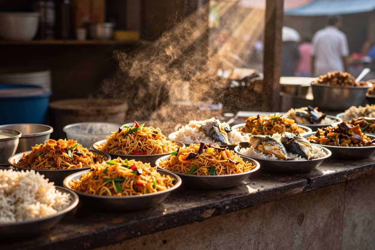 Honey Light Thieboudienne Fish Rice Market Akola in at a market stall counter in Akola