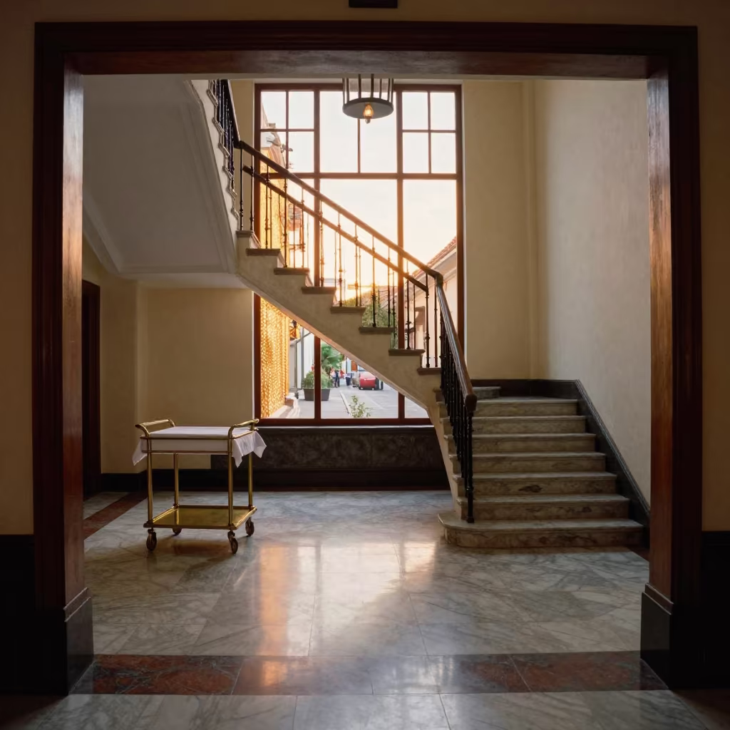 Honey Light Turn-Down Cart in Quito Lobby Staircase in inside a hotel lobby in Centro Historico, Quito