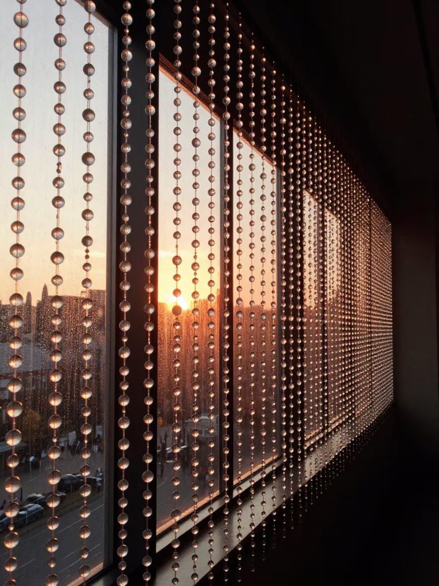 Honey Sunset Light Through Glass Beads in inside a skylit passageway near Stamford