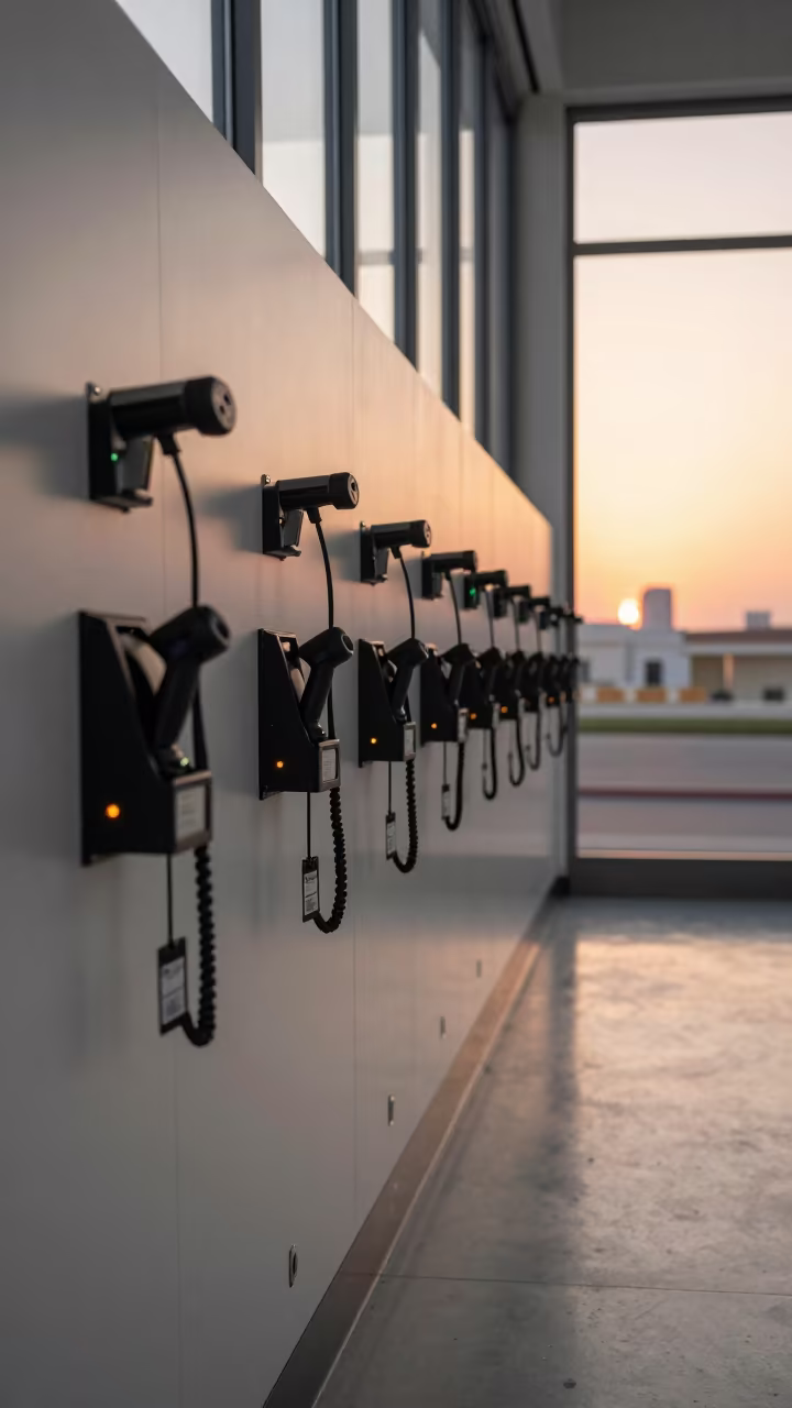 Honey Sunset Light on Logistics Charging Wall in inside a dispatch office above the dock in Abu Dhabi