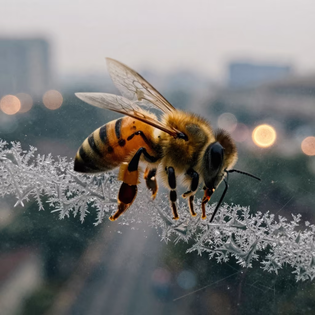 Honeybee Tongue Nectar Macro Dhaka Window in along a frost-edged windowpane in Sadarghat, Dhaka