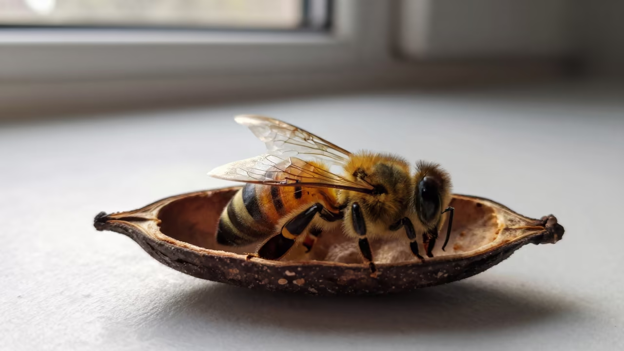 Honeybee Wing Veins Backlit Seed Pod in inside a seed pod split open in Fukuoka