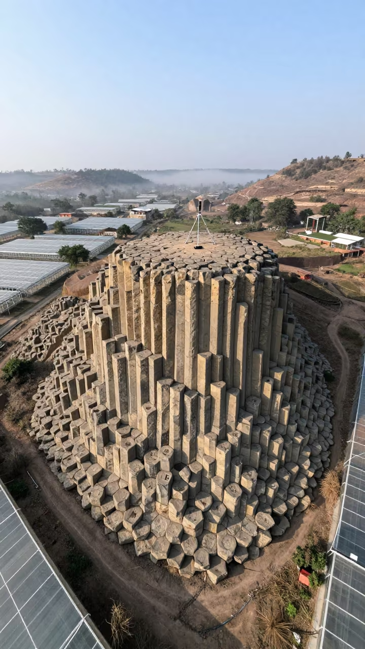 Honeycomb Basalt Columns Above Greenhouse Grids in high over greenhouse grids near Ranchi