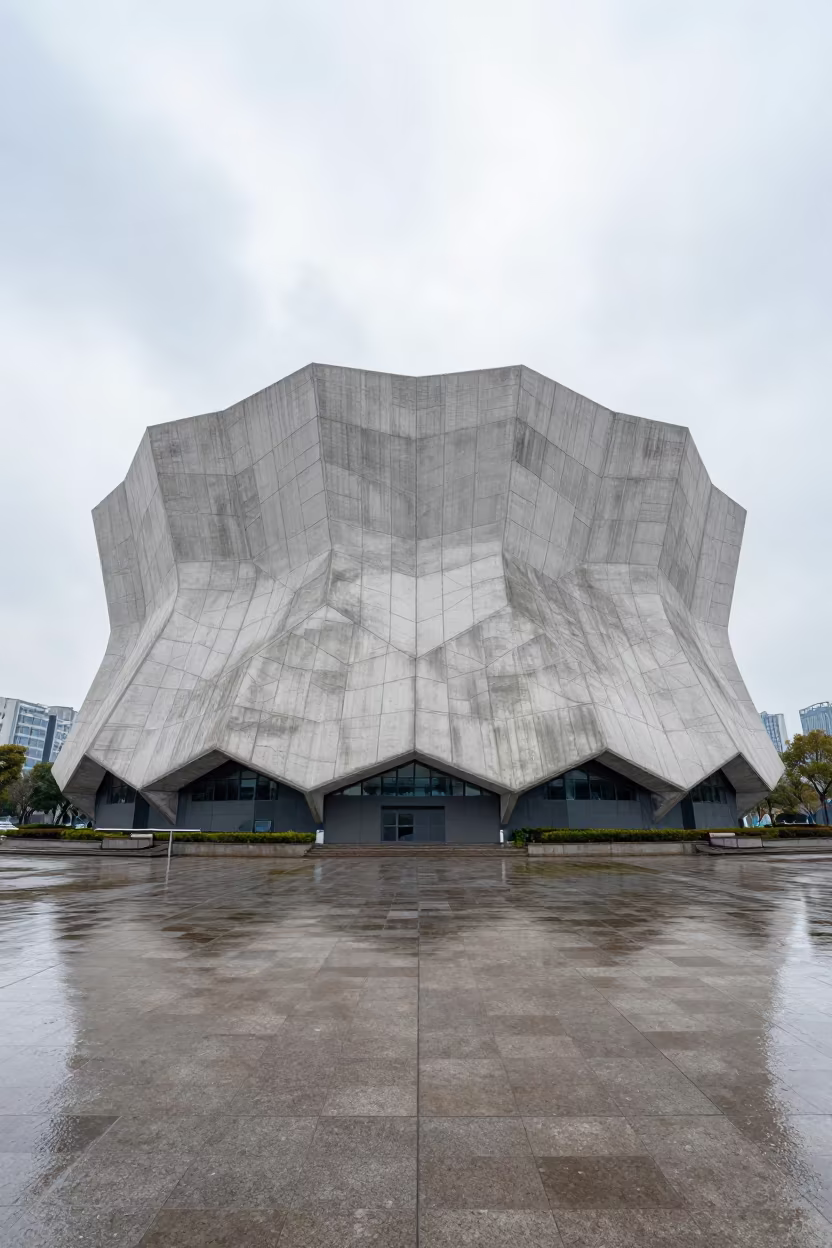 Honeycomb Parking Facade Hubei Plaza Rain Light in across a formal civic plaza in Hubei