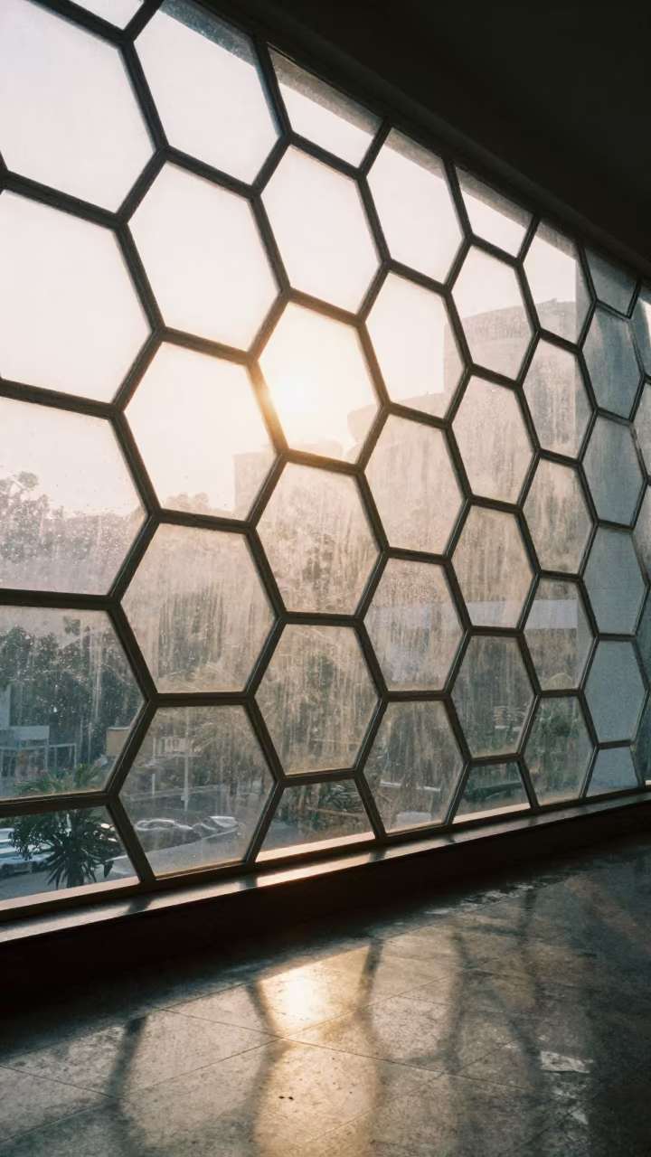 Honeycomb Pattern Backlit Monsoon Light Jakarta in inside a skylit passageway in Menteng, Jakarta