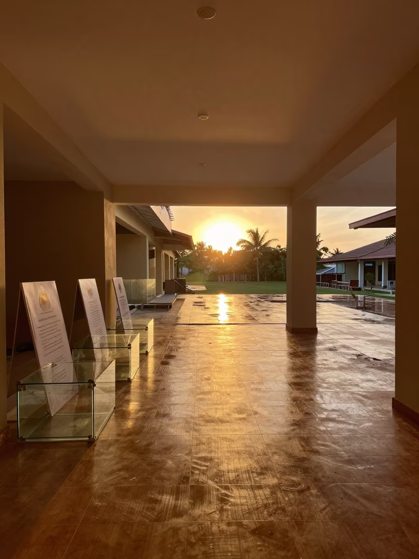 Honeyed Amber Light in Belize Construction Lobby in in a mechanical room under buildout in Belize