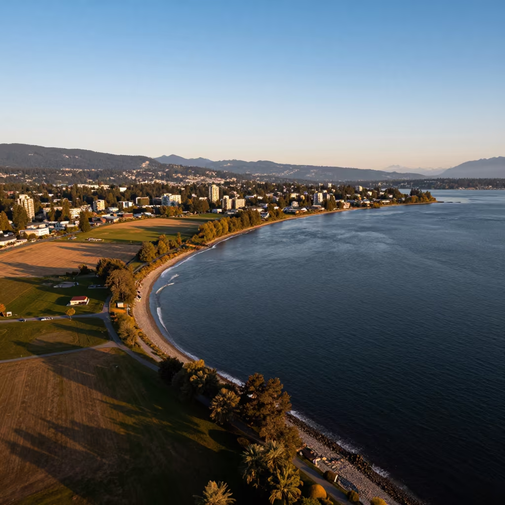 Honeyed Evening Aerial View of Vancouver Delta Channels in far above surf-scalloped coastline near Kitsilano, Vancouver