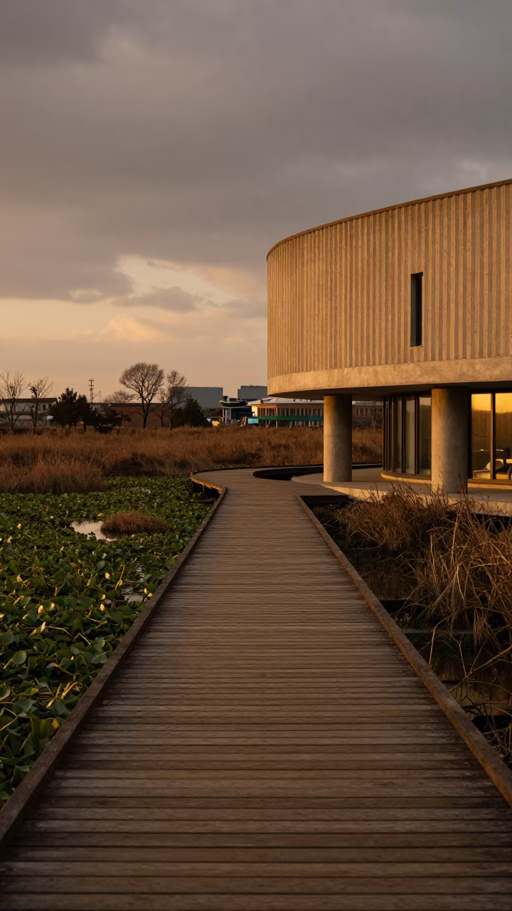 Honeyed Evening Boardwalk in Incheon Concrete Lobby in inside a ribbed concrete lobby near Incheon