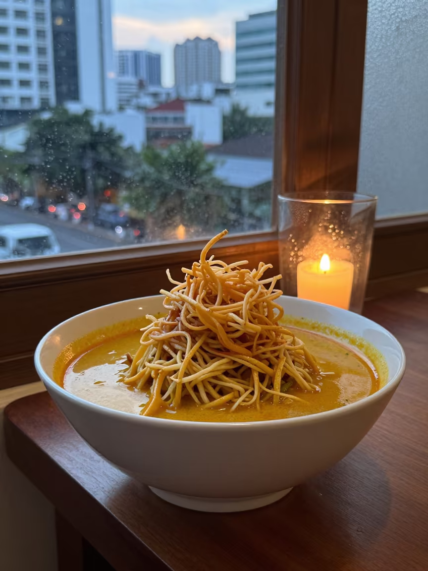 Honeyed Evening Bowl of Thai Khao Soi with Noodle Nest in on a small dining table by a window in Sukhumvit, Bangkok