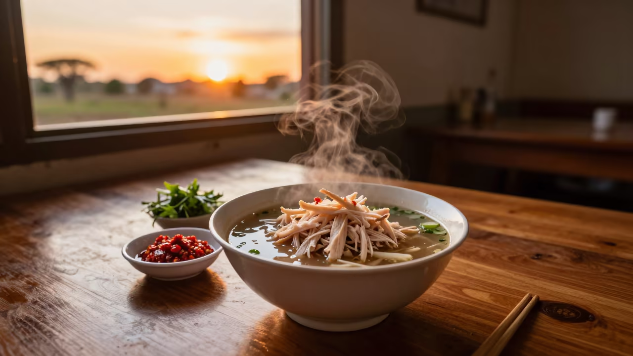 Honeyed Evening Bowl of Thai Noodles in Campinas in at a roadside diner table in Campinas