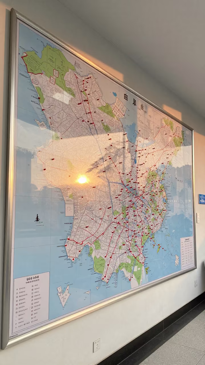 Honeyed Evening Light on Campaign Map with Pins in inside a campaign office in Ulsan
