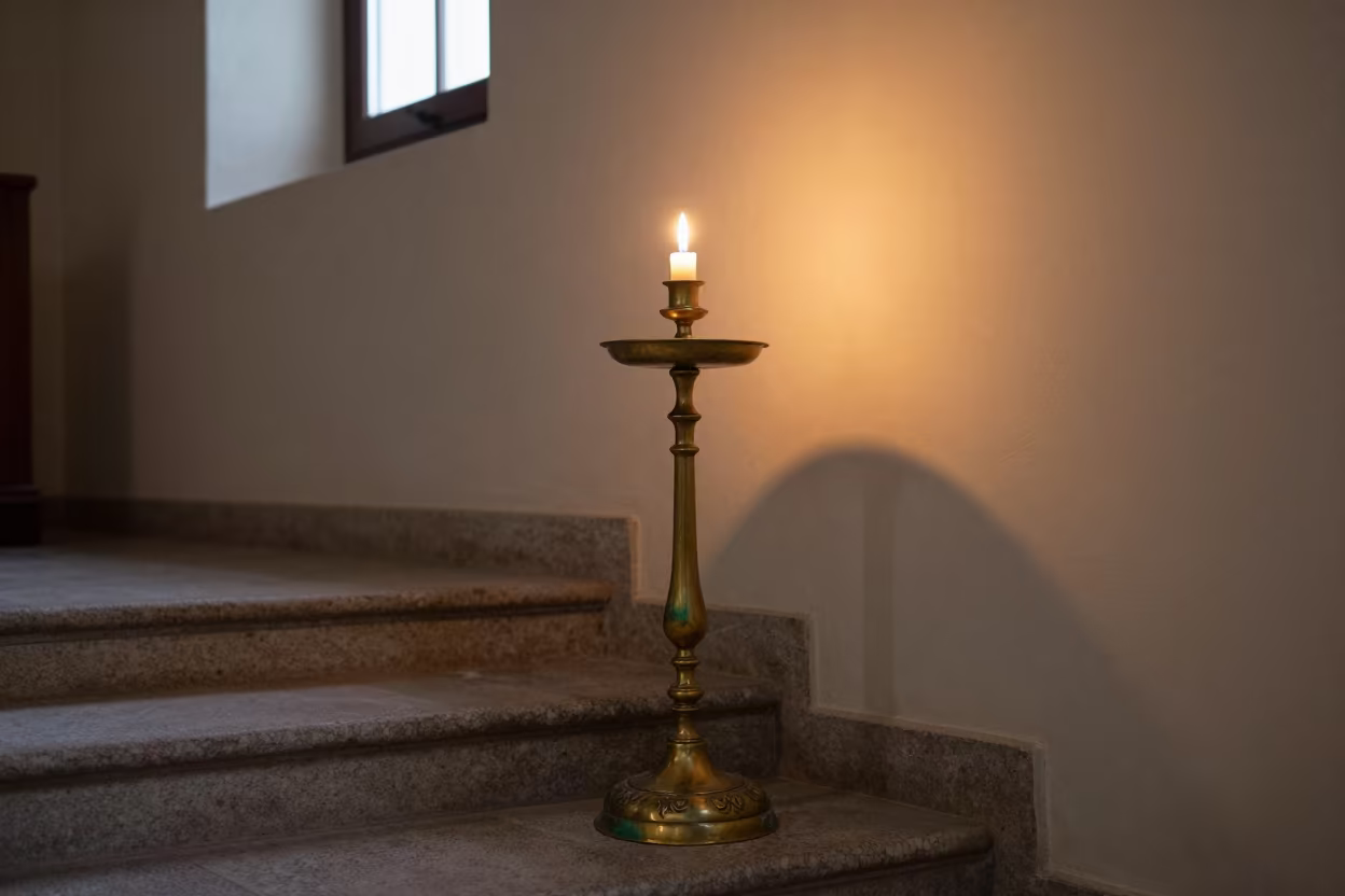 Honeyed Evening Candle Stand Beside Worn Steps in inside a candlelit nave in Kozan
