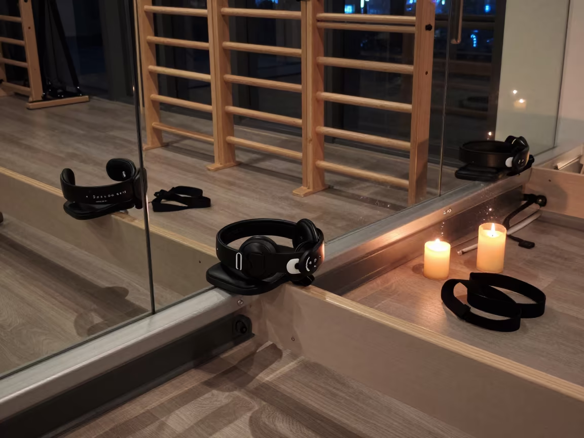 Honeyed Evening Dance Headset on Mirrored Rails in inside a reformer studio with straps laid straight in Qingdao