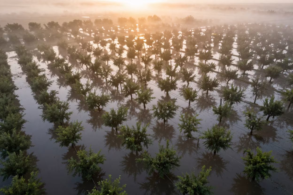 Honeyed Evening Flooded Turkish Orchard Aerial View in far above orchard blocks and irrigation lines in Turkey