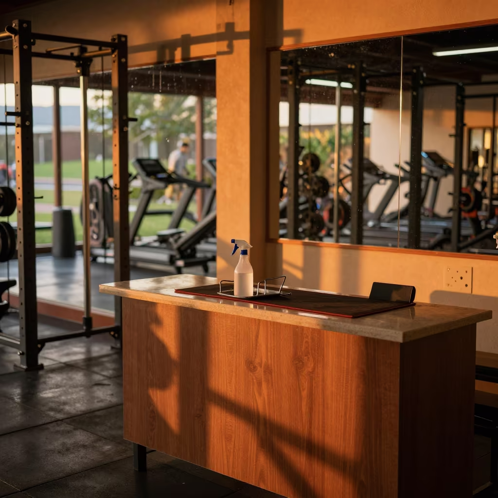 Honeyed Evening Gym Check-In Desk with Spray Caddy in at a gym check-in desk in Valledupar