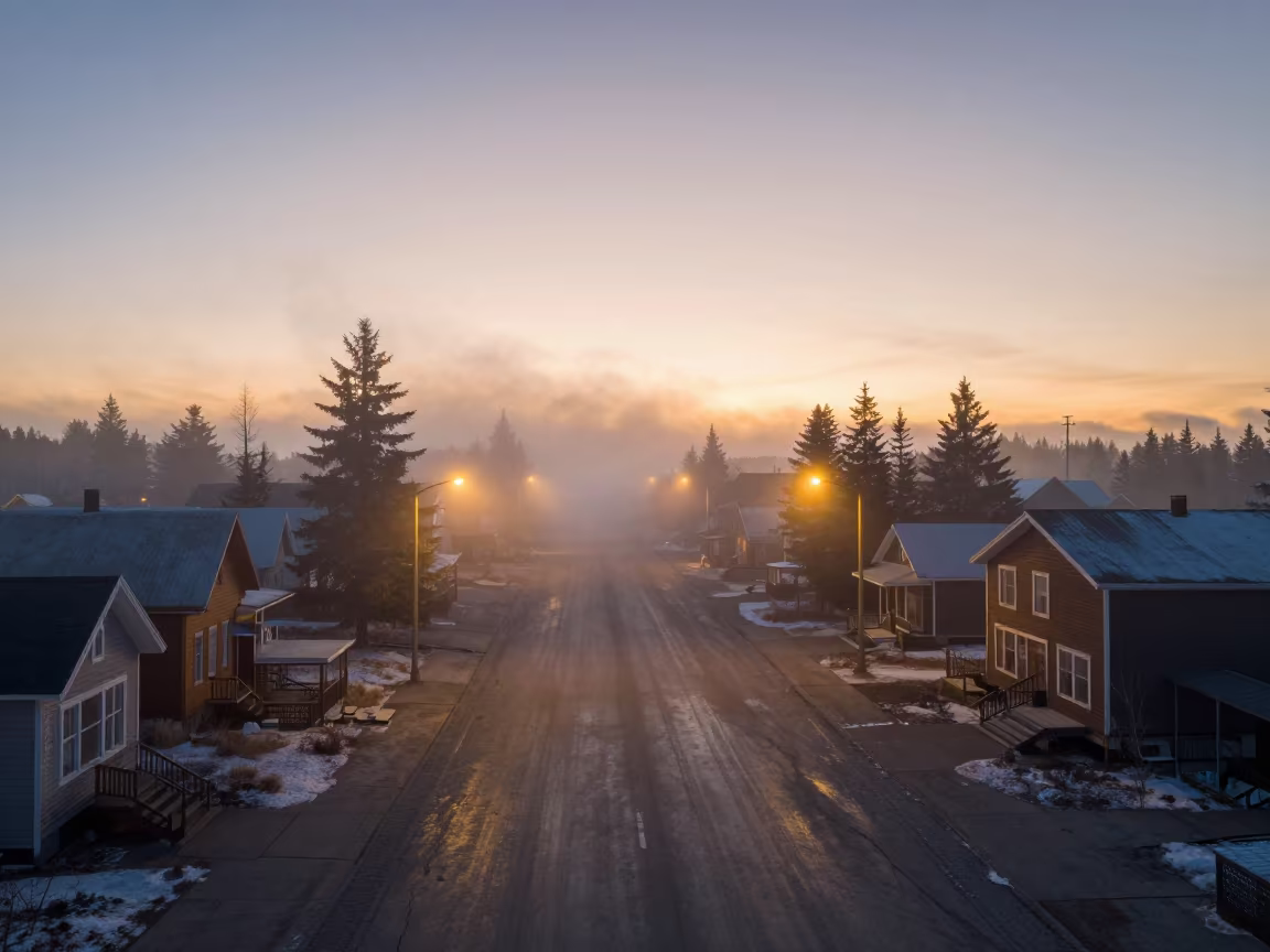 Honeyed Evening Ice Fog Halos Over Canadian Town in in Canada