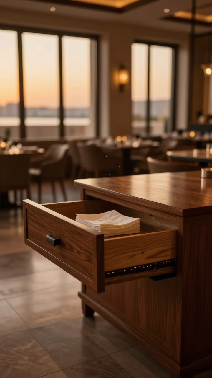 Honeyed Evening Light in Abu Dhabi Banquet Hall in inside a banquet hall before service in Abu Dhabi