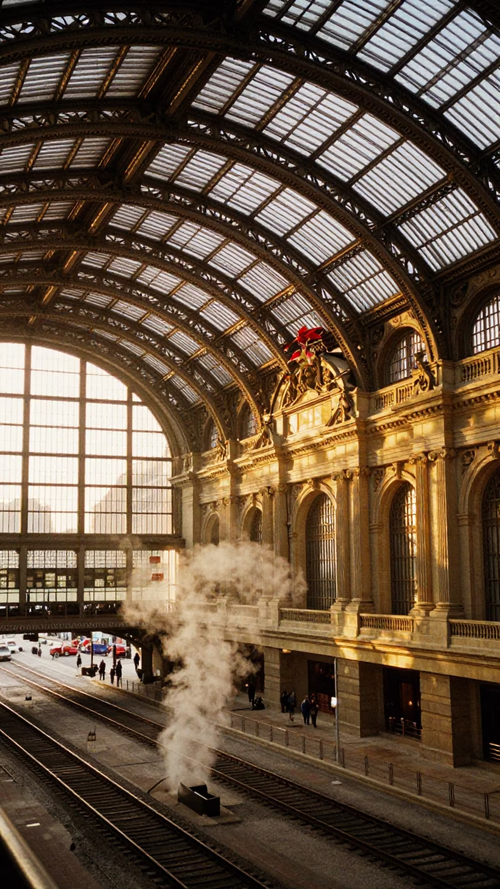 Honeyed Evening Light at Chicago Union Station Arched Steel Roof and Steam Haze in in Chicago, Illinois, United States