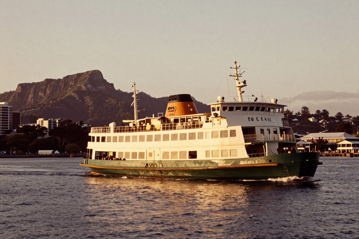 Honeyed Evening Light Captures Auckland Ferry Leaving Harbor with Mountains Behind in in Auckland, New Zealand