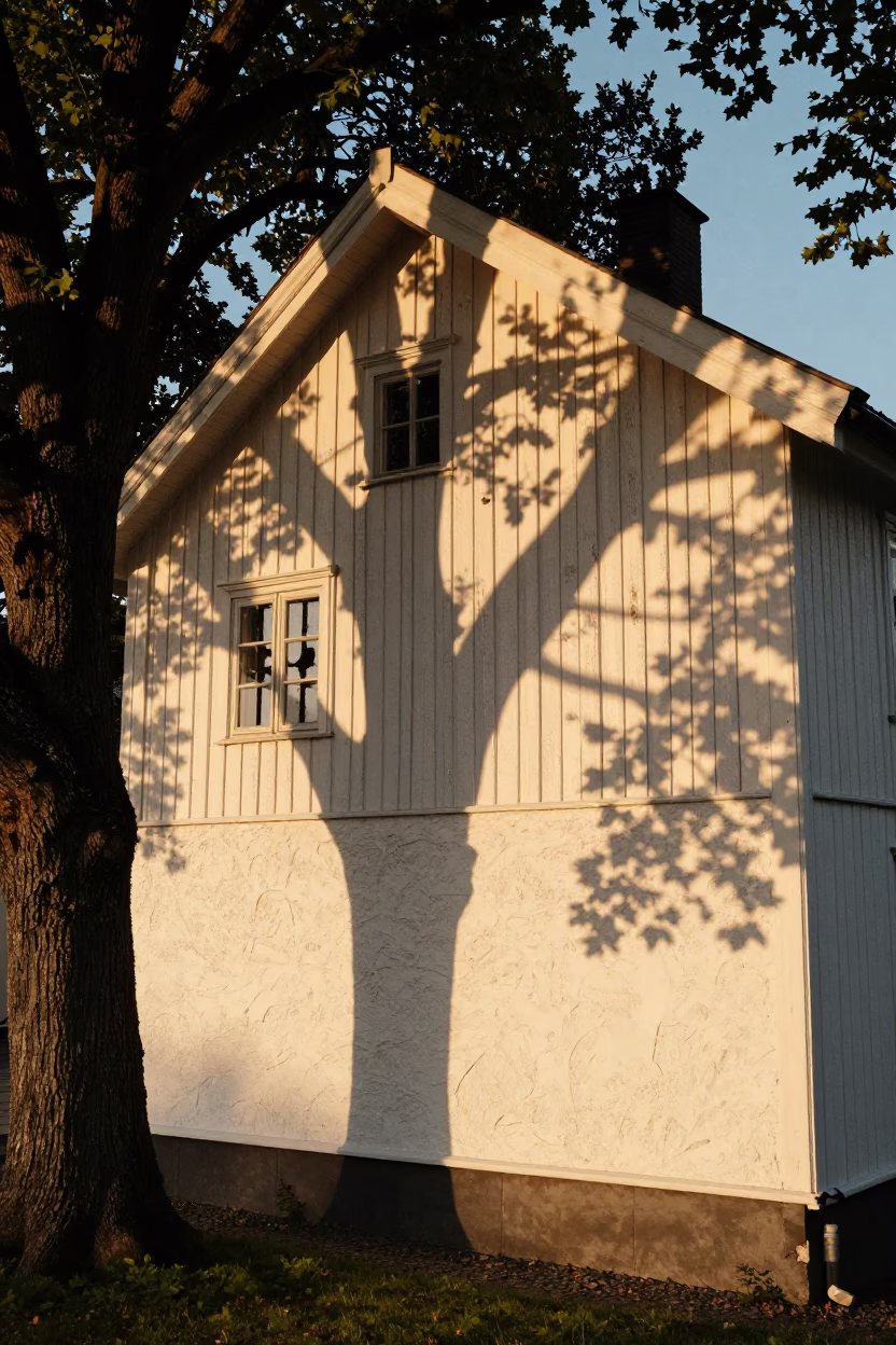 Honeyed Evening Light Casts Leaf Shadows on Plaster Wall in Bergen Norway Street Scene in in Bergen, Norway