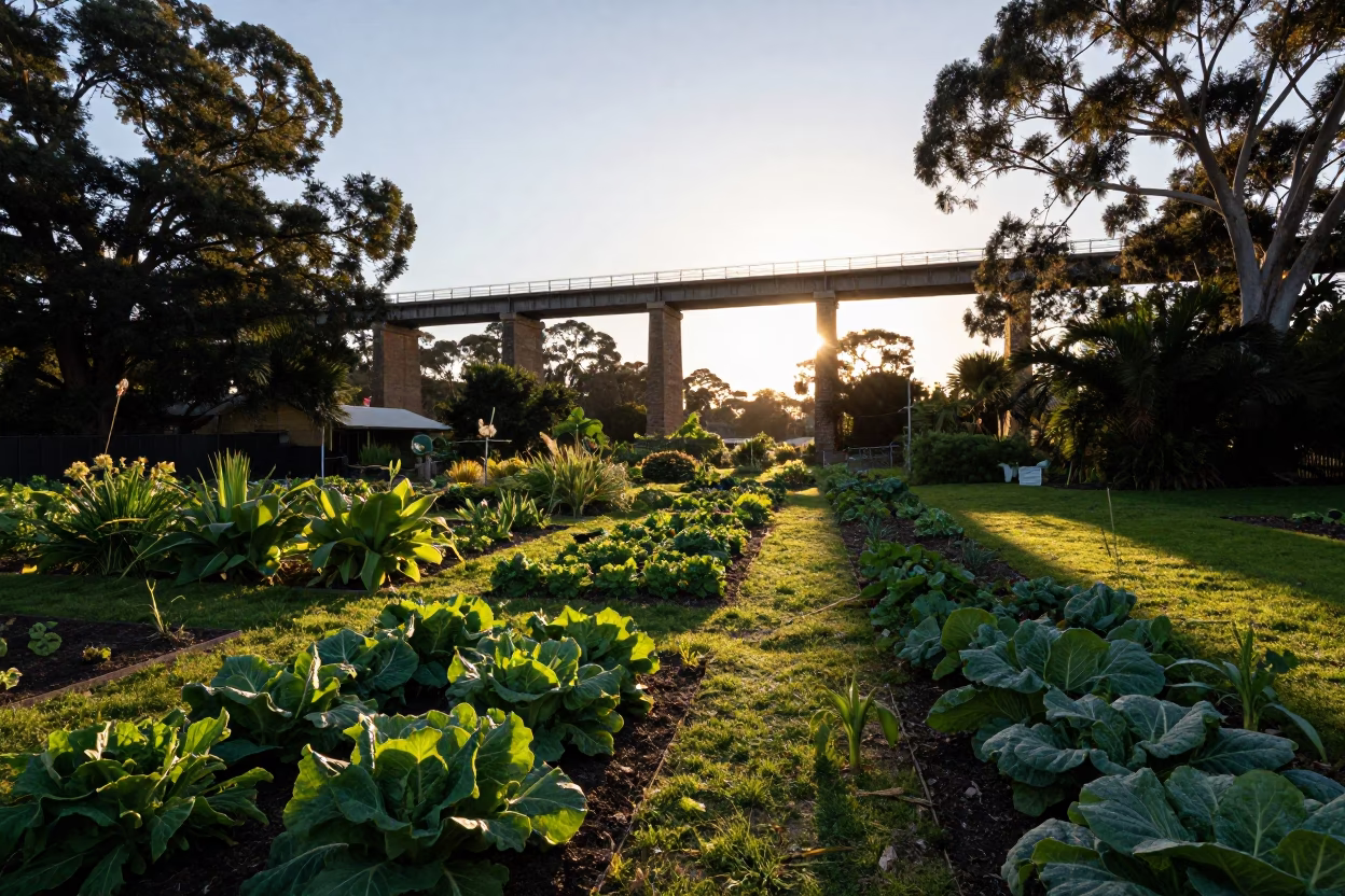 Honeyed Evening Light Casts Viaduct Shadows Across Sydney Allotment Gardens in in Sydney, New South Wales, Australia