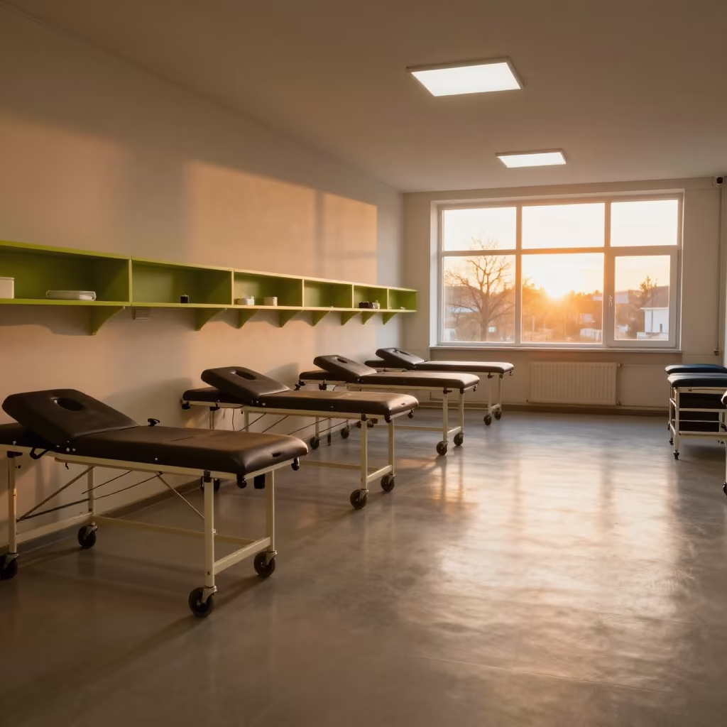 Honeyed Evening Light on Clinical Shelf in inside a recovery area with treatment stations aligned in Ruda Śląska