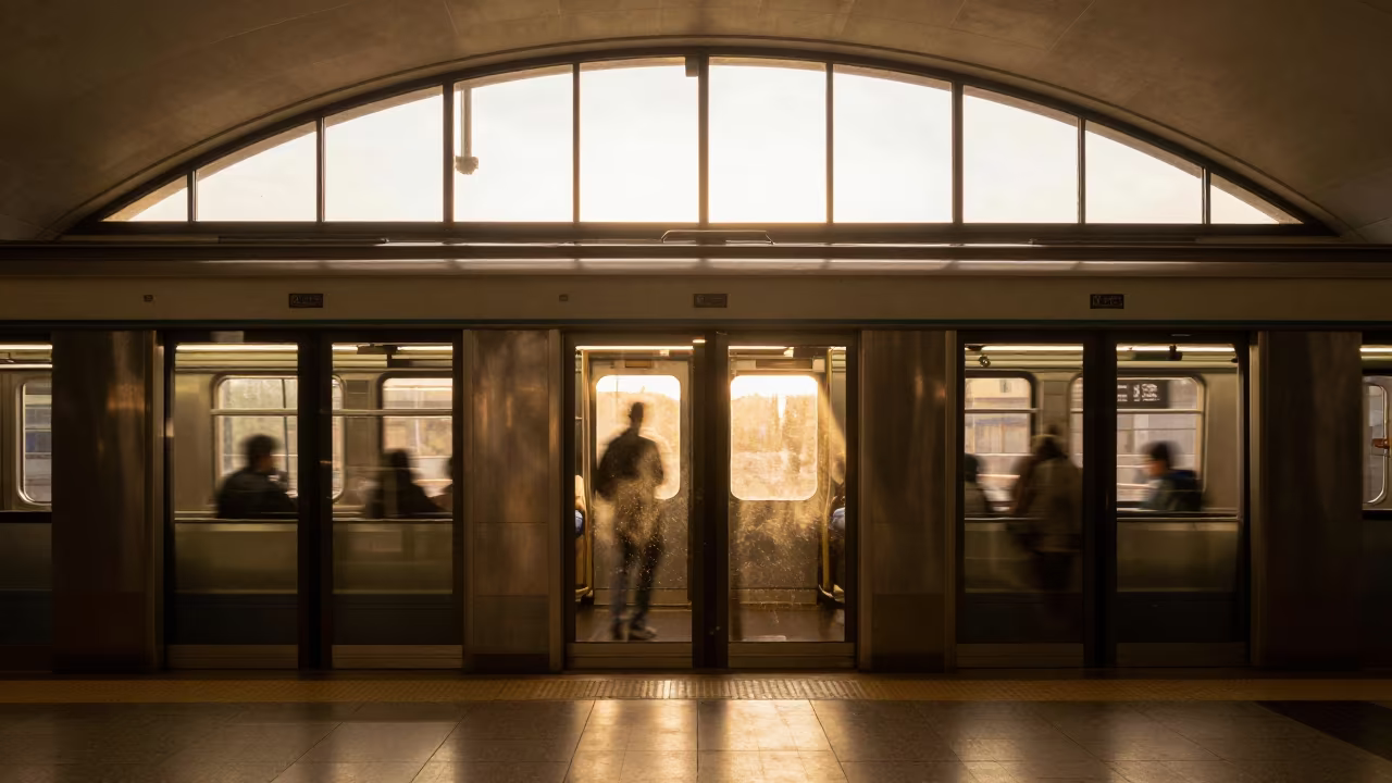 Honeyed Evening Light on Closing Subway Door in inside a vaulted atrium in Lower Hutt