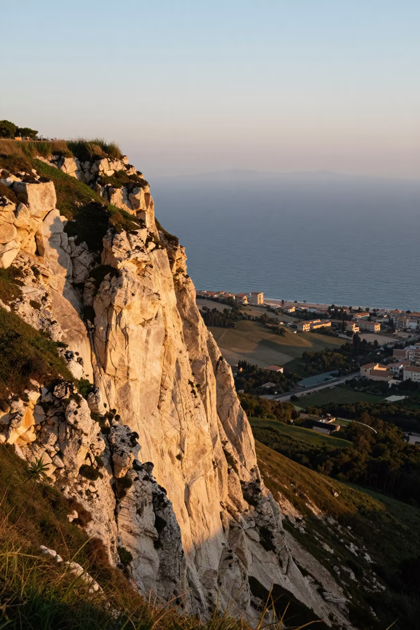 Honeyed Evening Light on Green Turf Above Blue Sea in across a wide valley floor near Barcelona