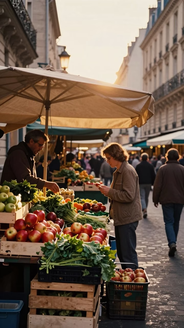 Honeyed Evening Light Illuminates a Bustling Parisian Market Stall with Colorful Goods in in Paris, France