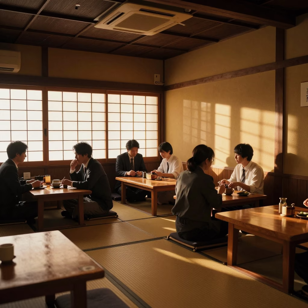 Honeyed Evening Light Illuminates a Traditional Osaka Izakaya Interior with Ceramic Plates and Glassware in in Osaka, Japan