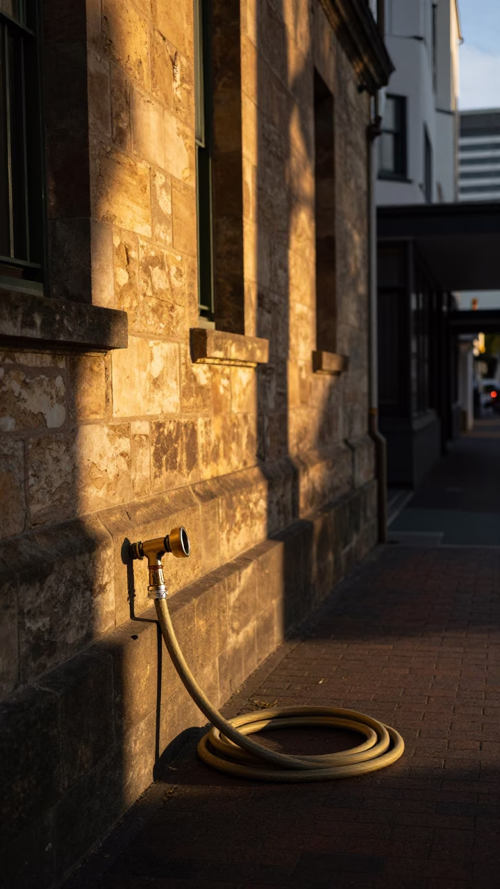 Honeyed Evening Light Illuminates Auckland Street Scene with Hose Nozzle and Urban Details in in Auckland, New Zealand