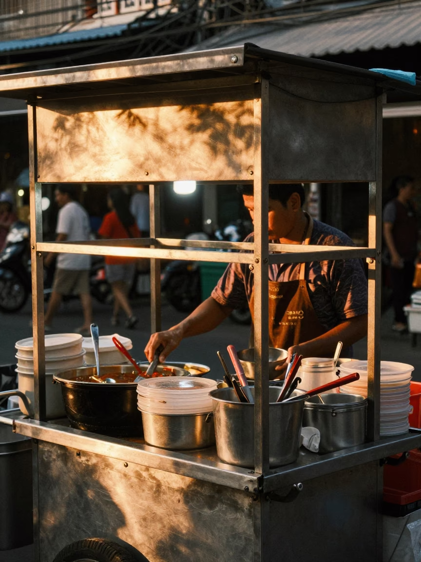 Honeyed Evening Light Illuminates Bangkok Street Food Stall Serving Mohinga Noodle Soup in in Bangkok, Thailand