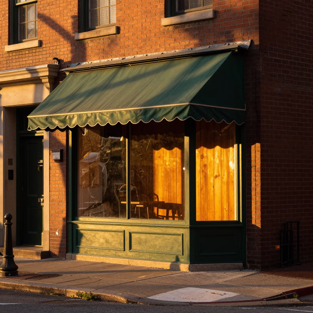 Honeyed Evening Light Illuminates Boston Street Corner with Vintage Storefront Display and Pedestrian Activity in in Boston, Massachusetts, United States