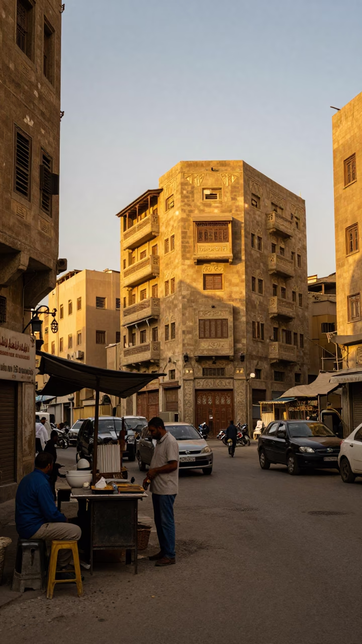 Honeyed Evening Light Illuminates Bustling Cairo Street Scene with Local Vendors and Traditional Architecture in in Cairo, Egypt
