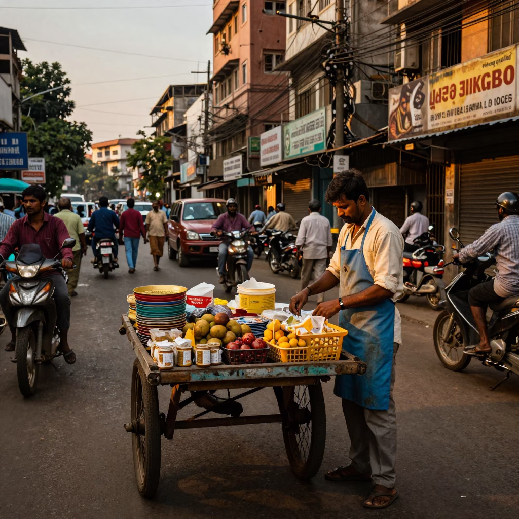 Honeyed Evening Light Illuminates Busy Mumbai Street Scene with Aprons and Local Details in in Mumbai, India
