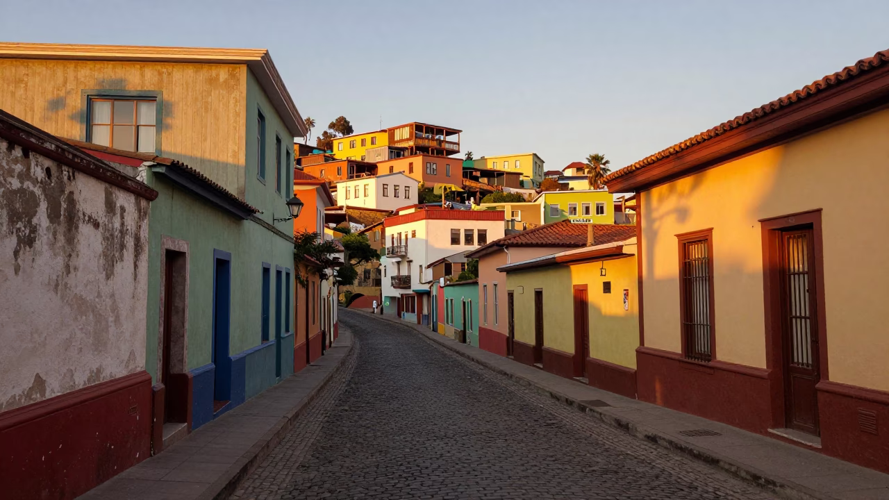 Honeyed Evening Light Illuminates Colorful Hillside Street Scene in Valparaiso Chile in in Valparaiso, Chile